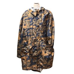 Original Use Mens XL Geometric Camo Hooded Parka Windbreaker Jacket Brown Navy